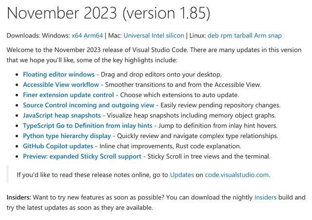 VS Code 1.85发布:新增浮动编辑器窗口/Copilot 可解释 Rust 代码等