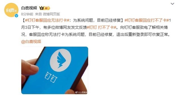 钉钉回应打不了卡：系统问题 重新登录即可恢复正常