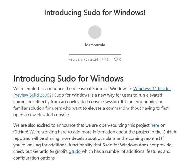微软确认Win11 Build 26052 预览版原生支持 Sudo 命令