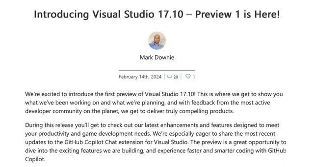 Visual Studio 2022 17.10 首个预览版发布:改进 Copilot 等