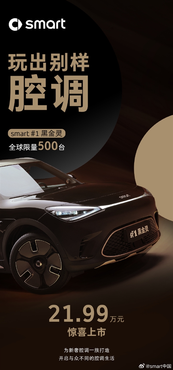 全球限量500台！smart精灵#1黑金灵限量版车型上市：售价21.99万元