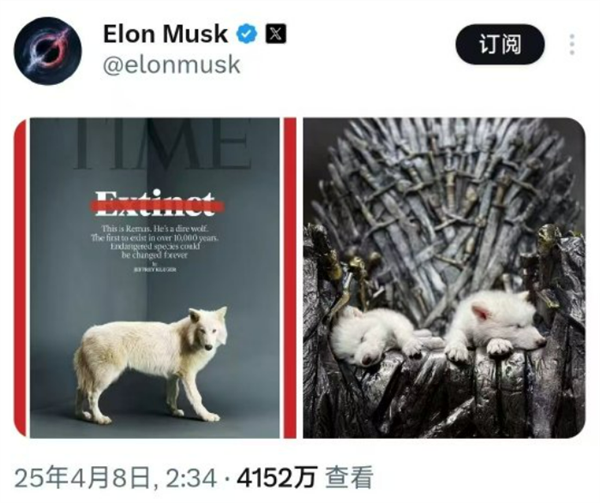 美一公司称已复活万年前灭绝恐狼：马斯克发帖围观