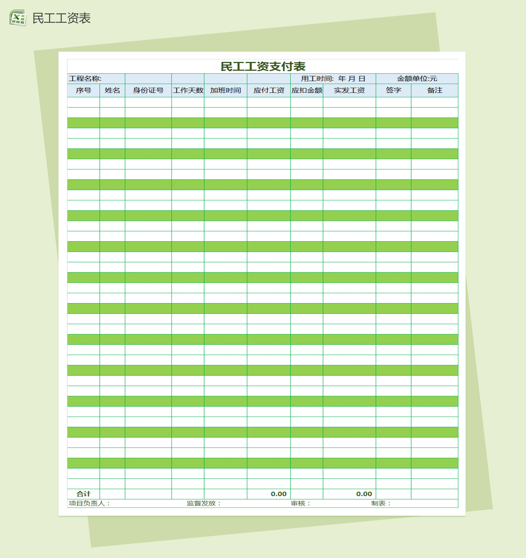 民工工资支付表excel表格模板
