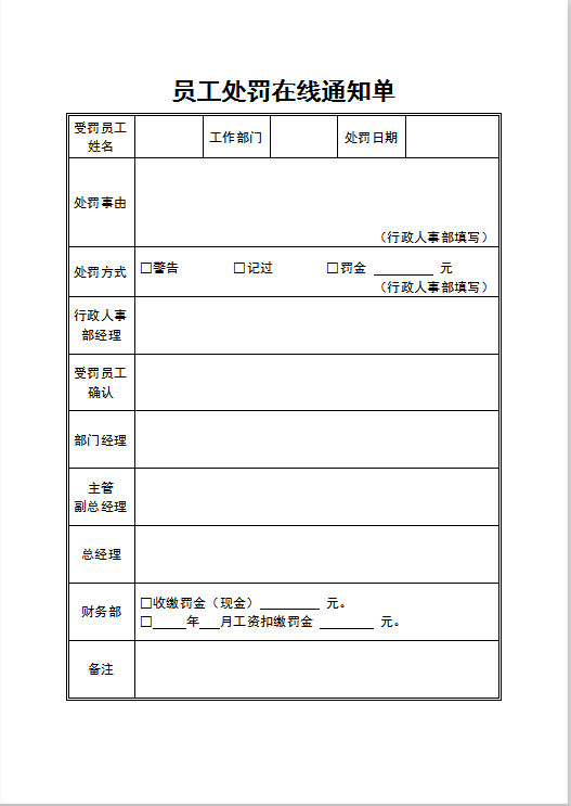 员工处罚在线通知单Word模板