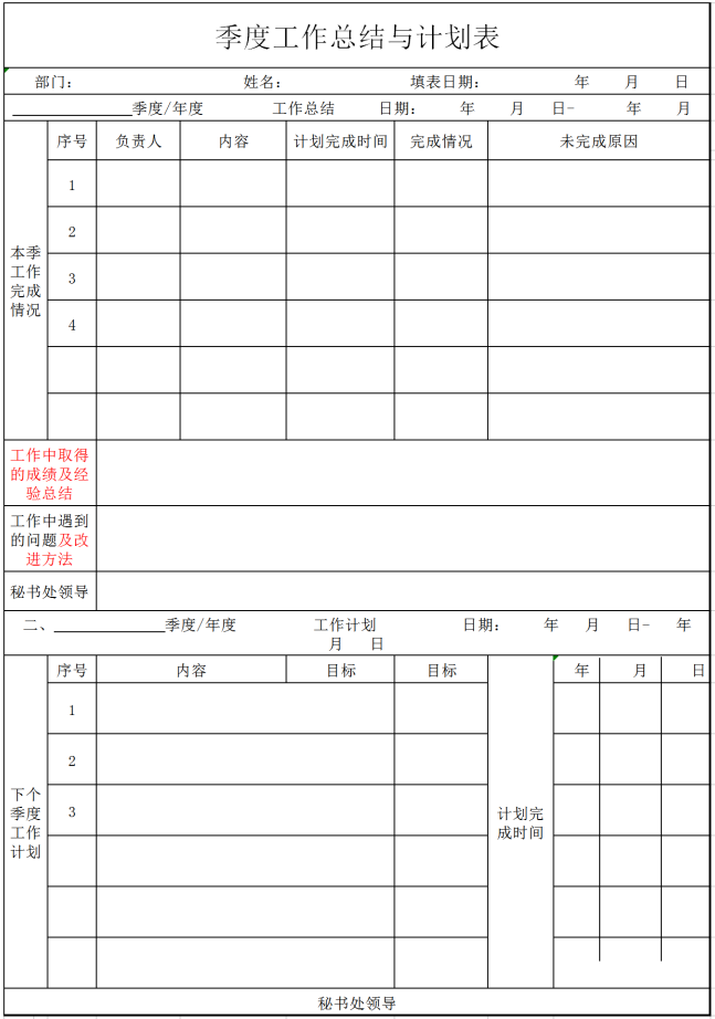 季度工作总结与计划表excel模板