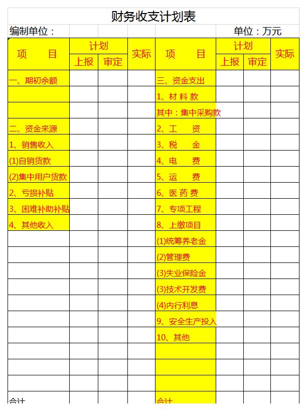 财务收支计划表excel模板