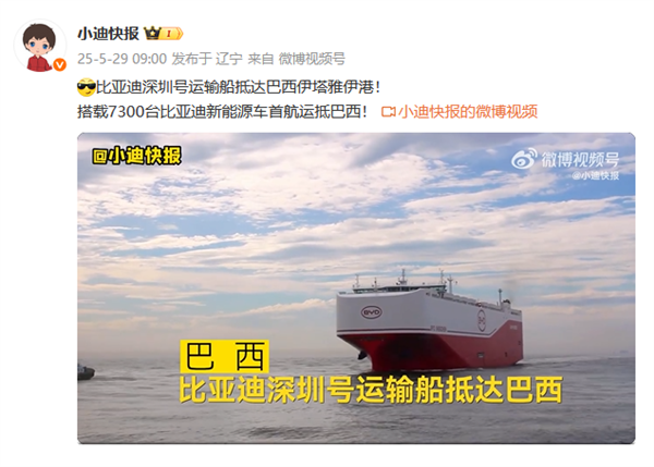全球最大汽车运输船！比亚迪“深圳号”搭载7300台新车抵达巴西