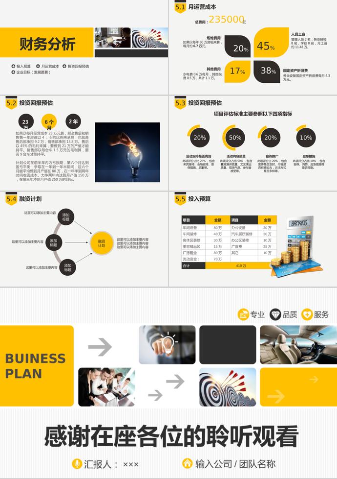 黄色温暖风商业创业融资项目计划书PPT模板