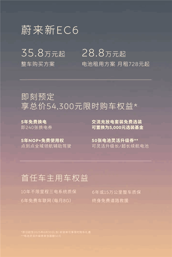 购车就送5年免费换电！蔚来新款ES6/EC6上市：33.8万起