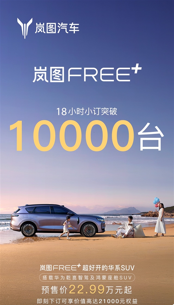 22.99万起售的岚图FREE+首销成绩出炉：18小时订单破万