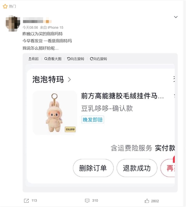 网友抢到LABUBU：一看店名是泡泡特玛