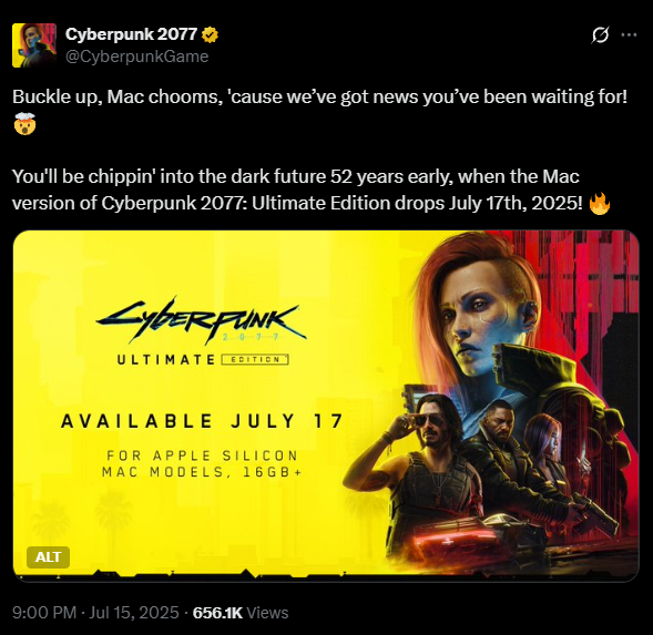 《赛博朋克2077:终极版》明日登陆苹果Mac：支持光追
