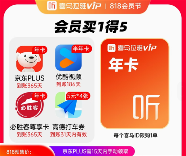 赠送京东Plus年卡等：喜马拉雅VIP会员年卡买1得5限时158元