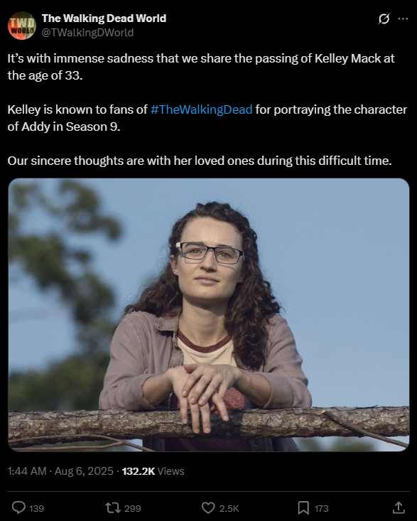 经典美剧《行尸走肉》女演员患脑癌去世 年仅33岁