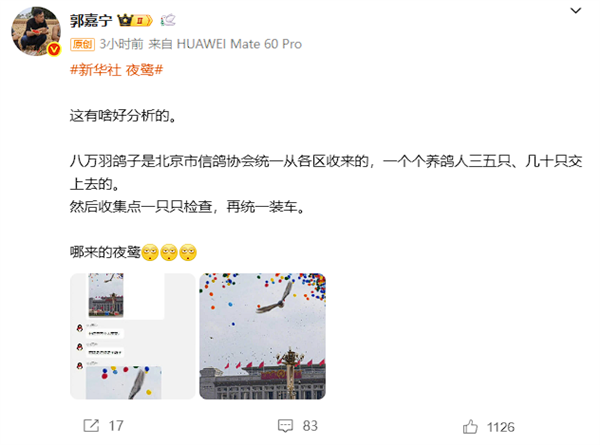 九三阅兵上放飞的一只鸽子火了 有人质疑是夜鹭：多方回应