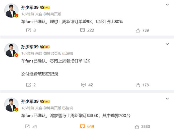 余承东一天连发三车全部卖爆！鸿蒙智行上周新增订单3.5万台