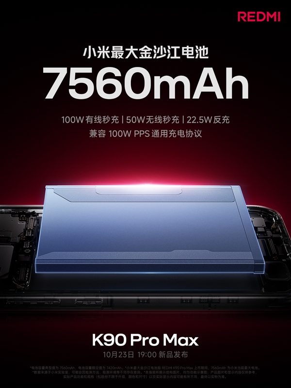 REDMI K90 Pro Max搭载7560mAh电池：100W有线+50W无线快充 兼容PPS
