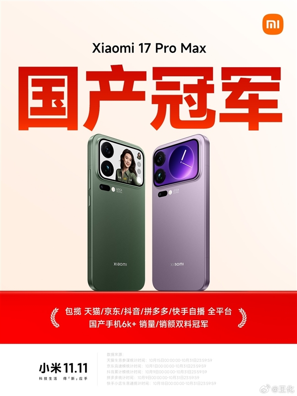 小米17 Pro Max包揽多平台国产手机6K+价位段冠军：销量、销售额都第一