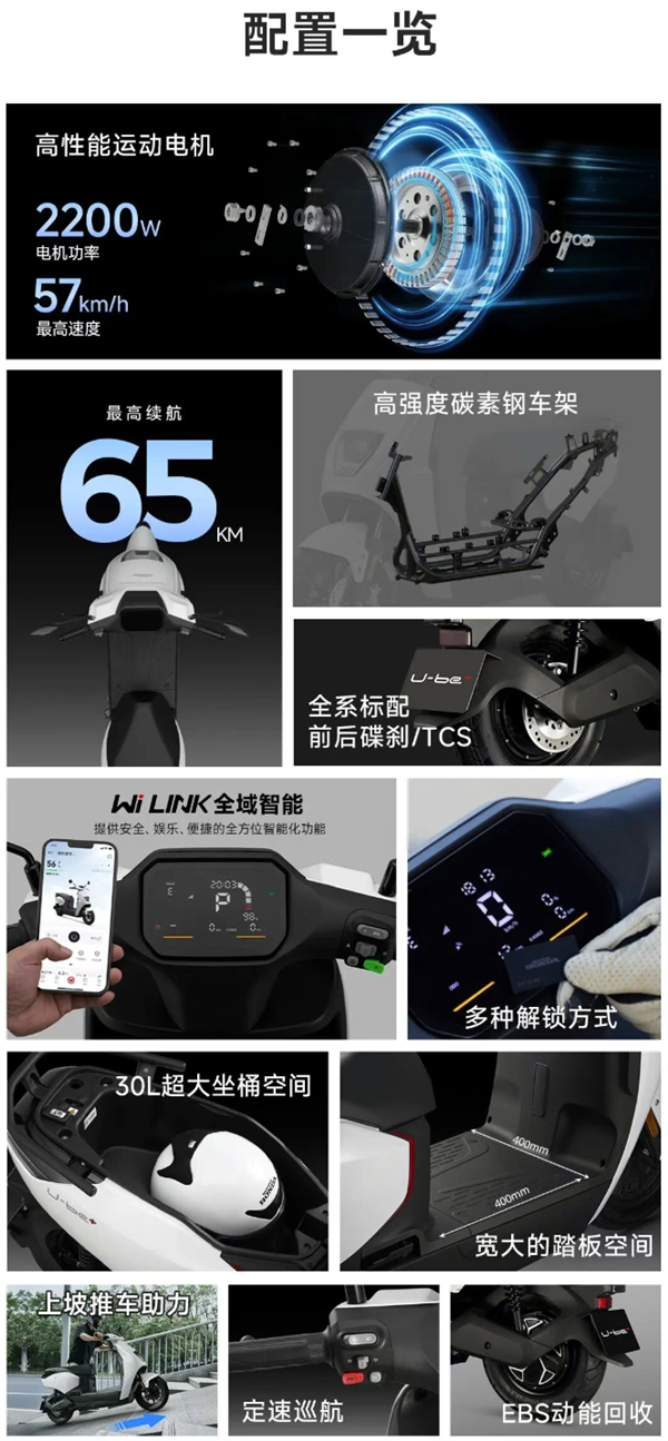 5399元 五羊本田电摩U-be+上市：极速57khp 满电65km